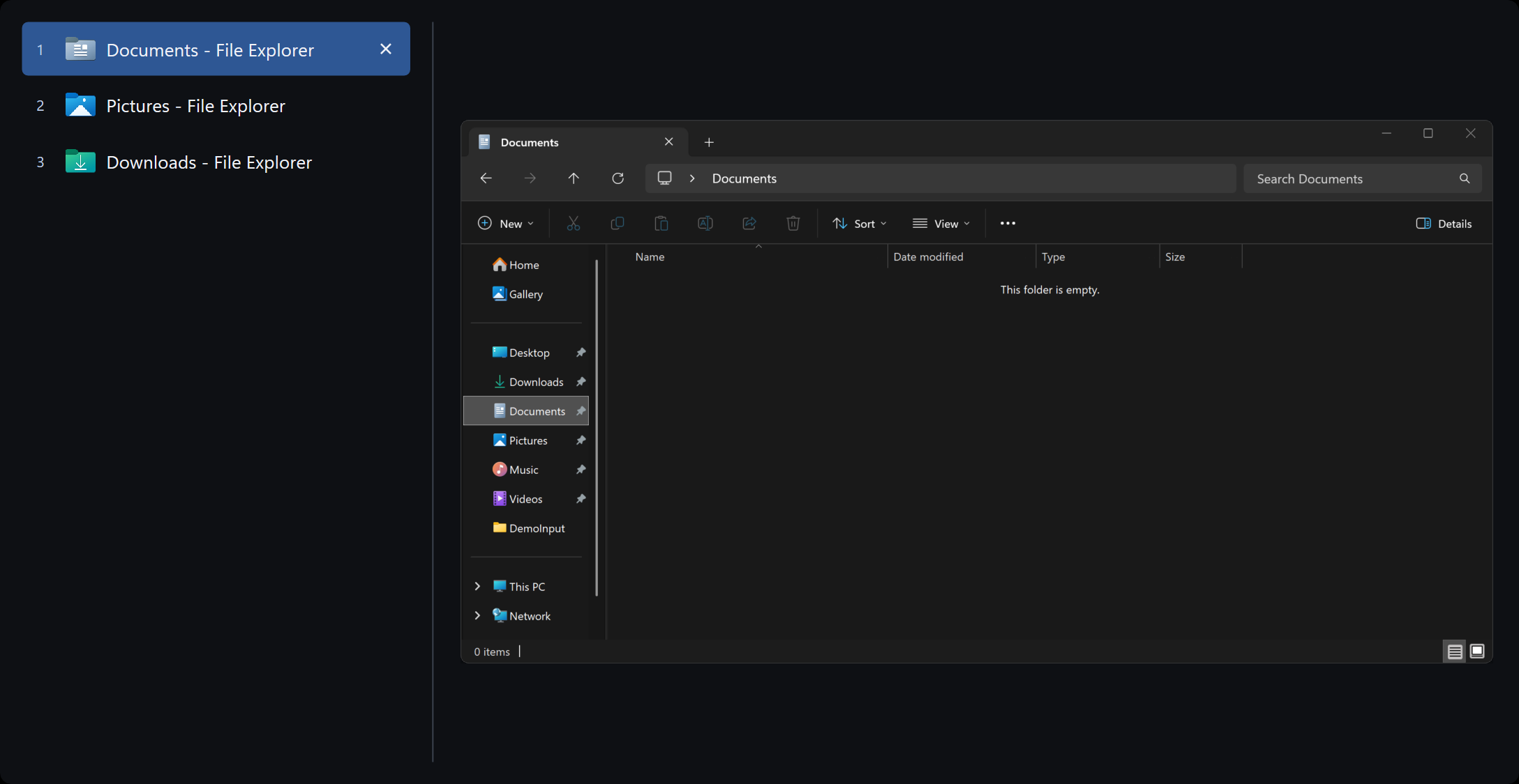 AltTabio on Windows 11: numbered list of open apps on the left, live File Explorer preview on the right.